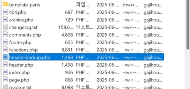 구글서치콘솔에 내 워드프레스를 등록하는 방법에 대한 과정 캡처이미지로, 파일질라를 통해 테마 파일을 백업한 장면입니다