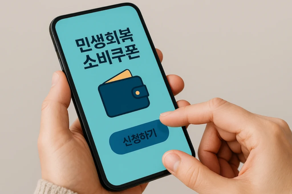 스마트폰 앱으로 민생회복 소비쿠폰 신청하는 손 클로즈업