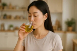 올리브오일을 공복에 마시고 있는 한 여성의 건강 루틴 장면