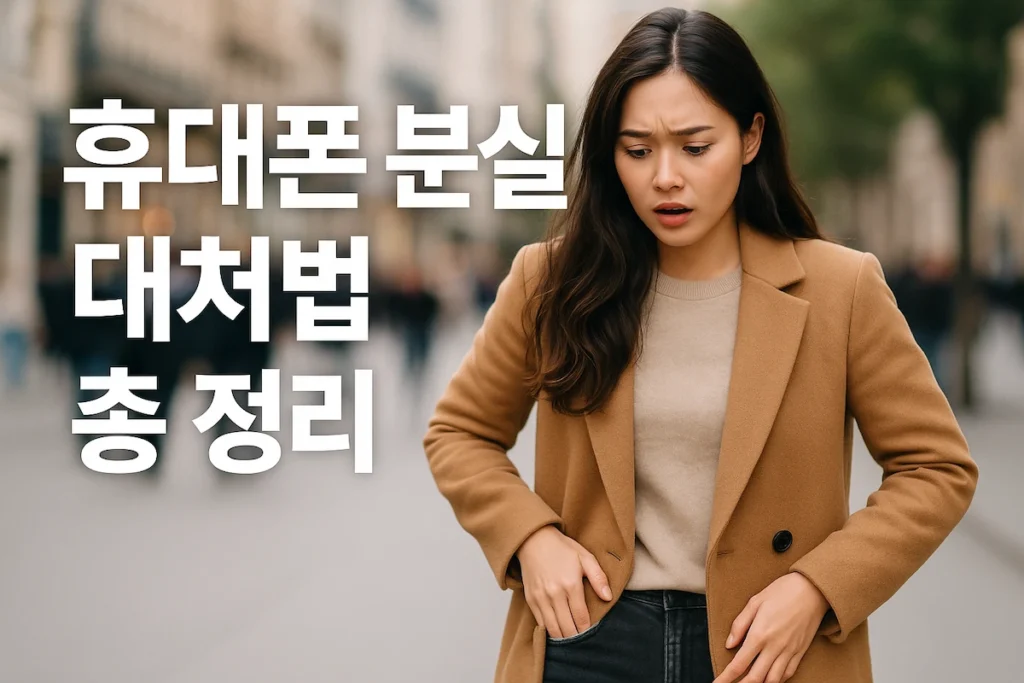 도심 거리에서 당황한 여성, '휴대폰 분실 대처법 총 정리' 텍스트가 포함된 블로그 썸네일 이미지