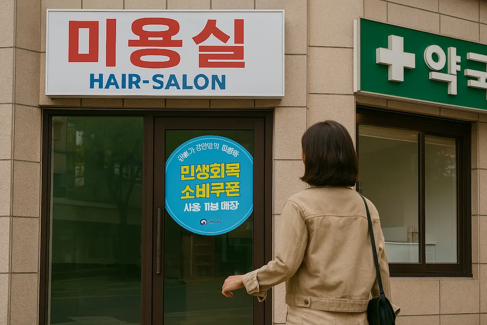 민생회복 소비쿠폰 사용 가능 미용실과 약국 외관, 스티커 부착된 골목상권 매장