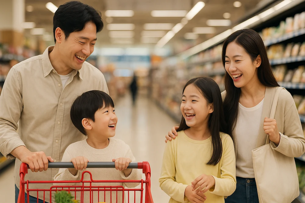 민생회복 소비쿠폰으로 가족이 함께 즐겁게 쇼핑하는 모습, 슈퍼마켓